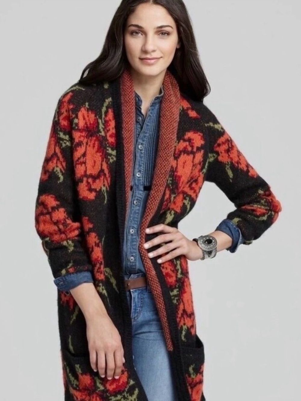 Free People Red Rose Flower Power Knit Sweater